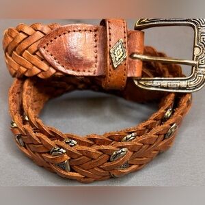 Vintage Brown Braided Weaved Southwestern Silver Tone Studded Leather Belt 36”